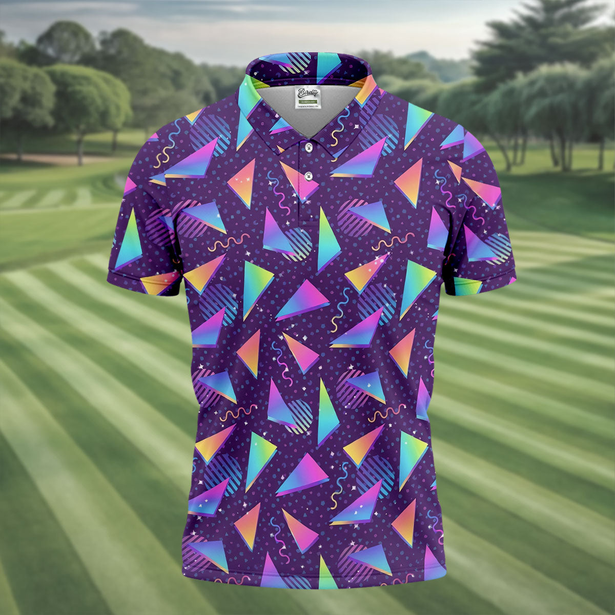 Retro Memphis Geometric Pattern Golf Polo Shirt, Men's Golf Shirt, Golf Apparel For Men