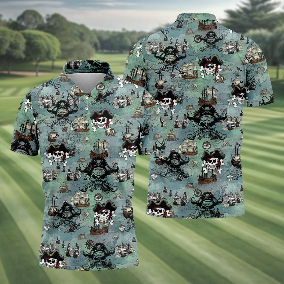 Pirate Captain Skulls, Kraken Tentacle Design Design Hawaiian Golf Polo, Golf Tops For Men, Golfing Apparel