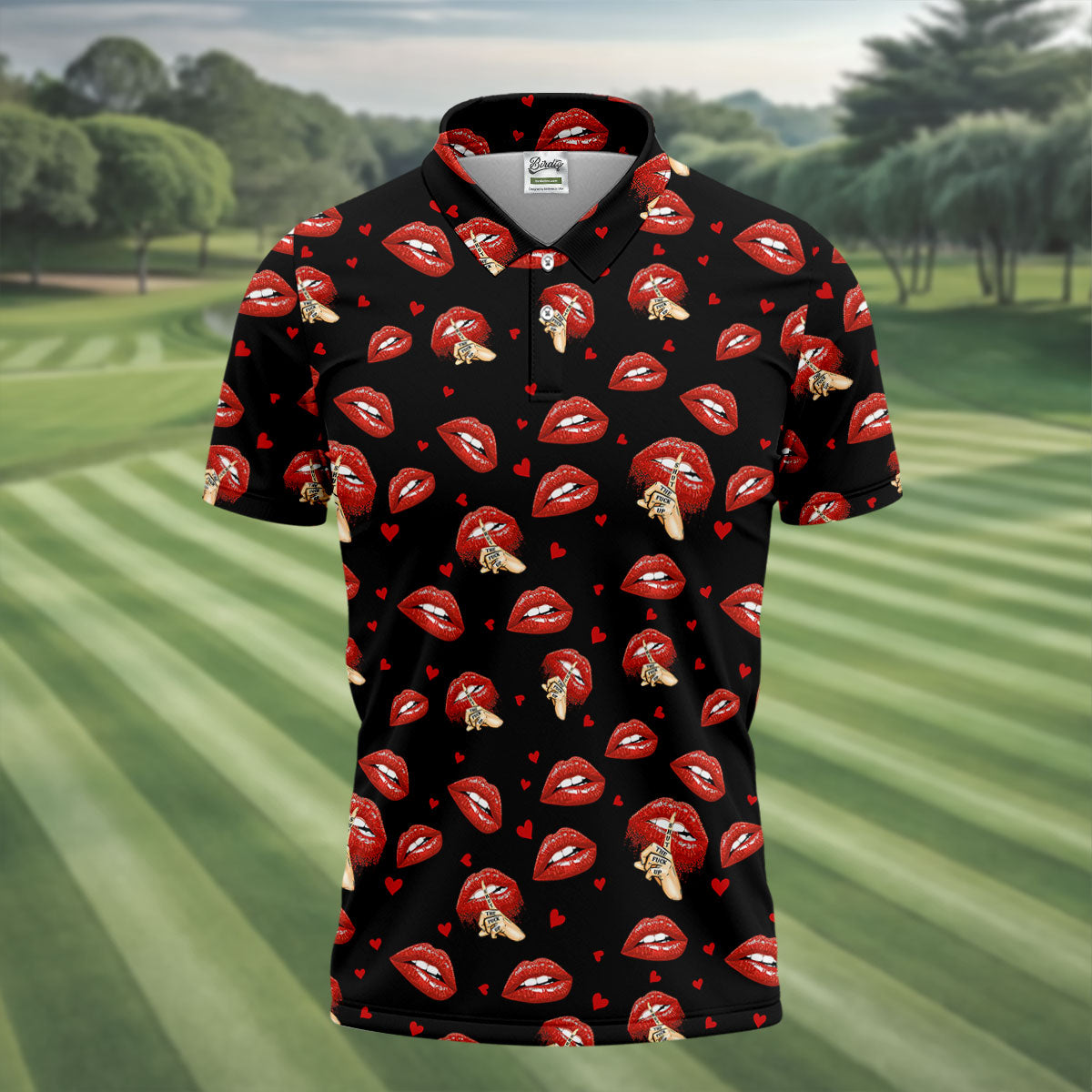 Sassy Red Lips Golf Shirt, Funny Valentine Pattern Design, Men's Golf Polo