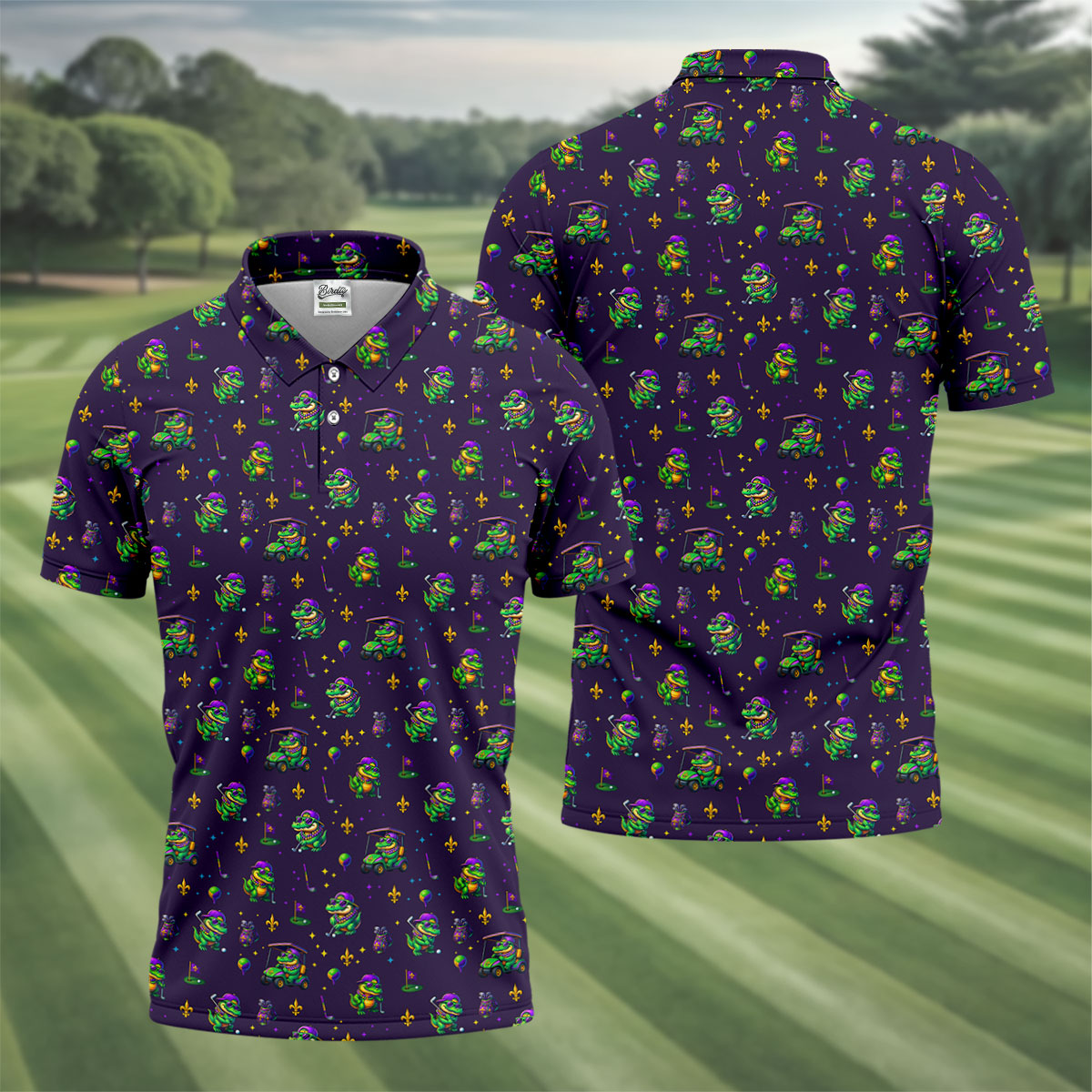 Funny Crocodile Mardi Gras Golf Shirts, Purple Golf Shirt, Golf Gift For Men, Golf Shirts For Men