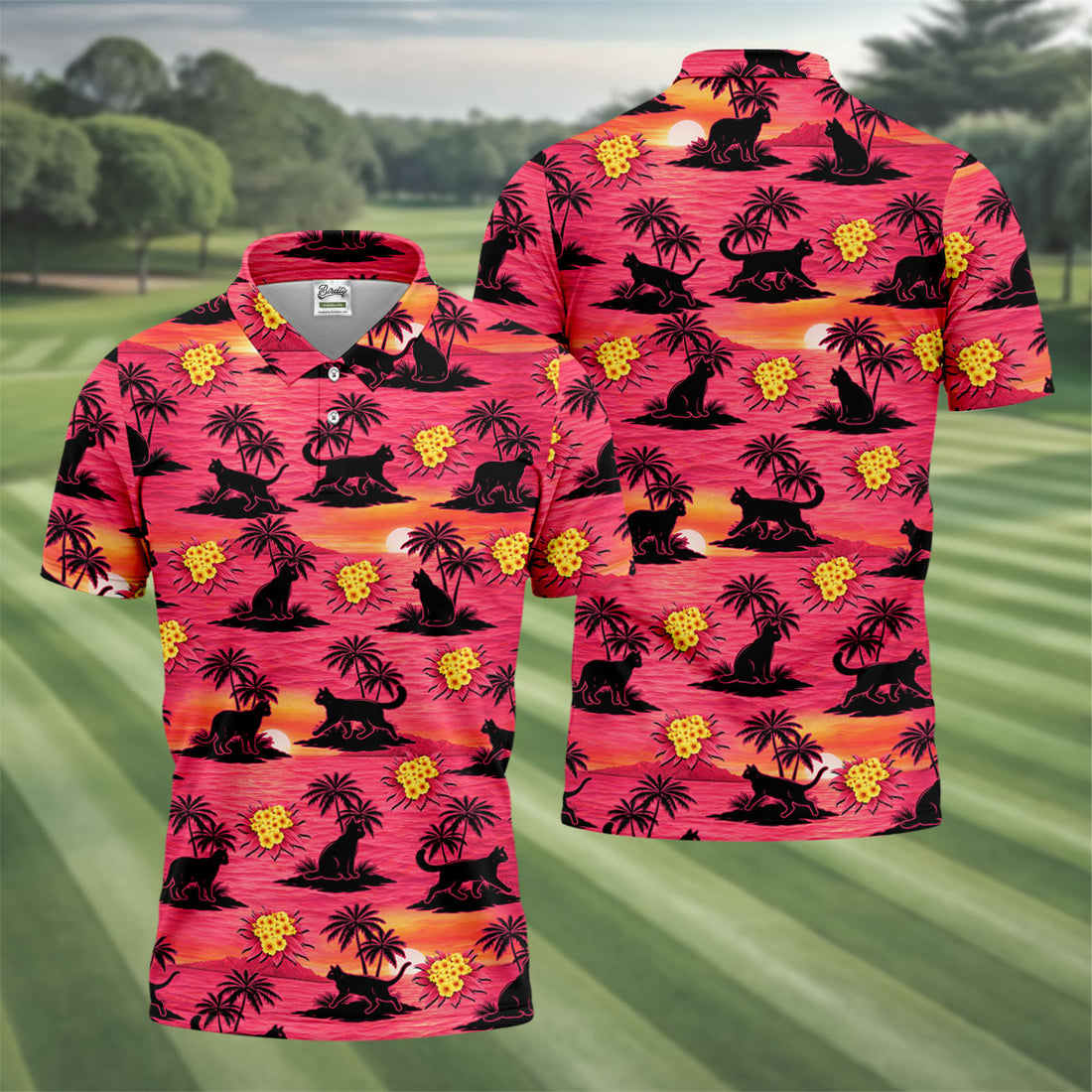 Tropical Cat Sunset Pattern Hawaiian Golf Polo, Golf Tops For Men, Golfing Apparel