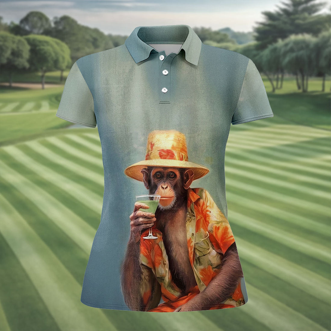 Tropical Monkey Mist Blue Hawaiian Golf Shirt, Women's Golf Tops, Ladies Golf Shirts