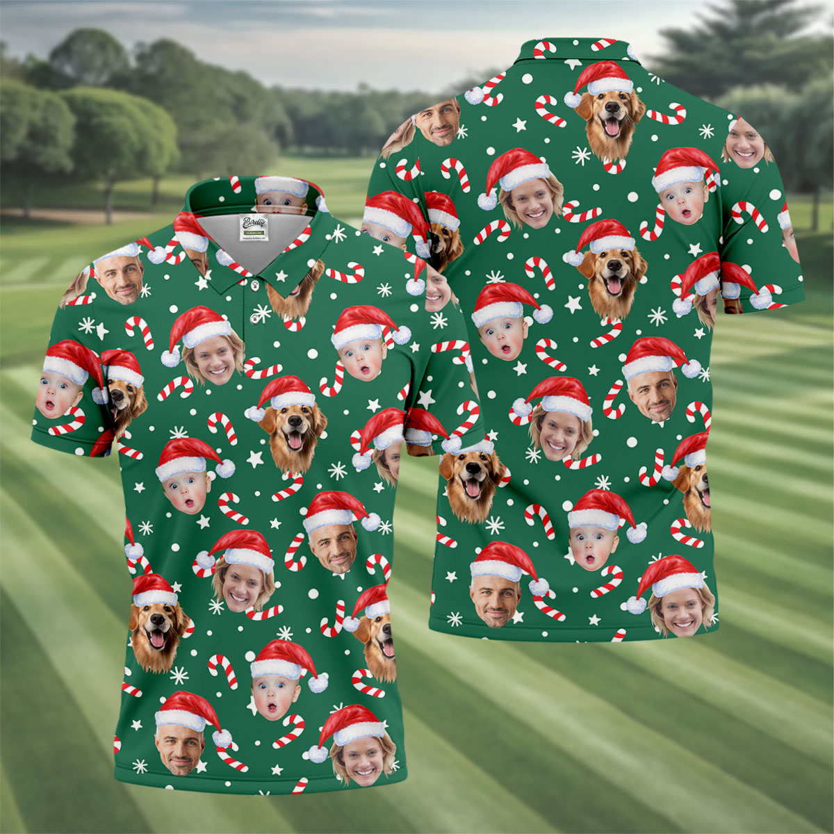 Custom Face Candy Cane Pattern Green Golf Shirt, Christmas Golf Shirt, Polo Shirts For Men, Golf Gift For Men