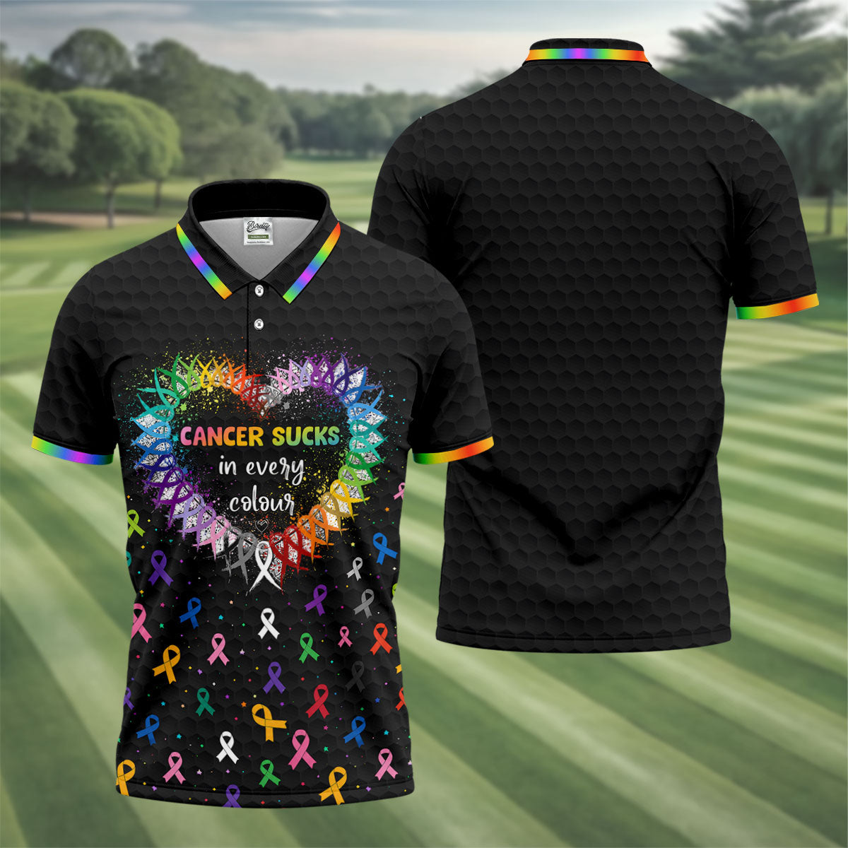 Cancer Sucks In Every Colour Awareness Ribbon Golf Polo Shirt, Mens Golf Apparel