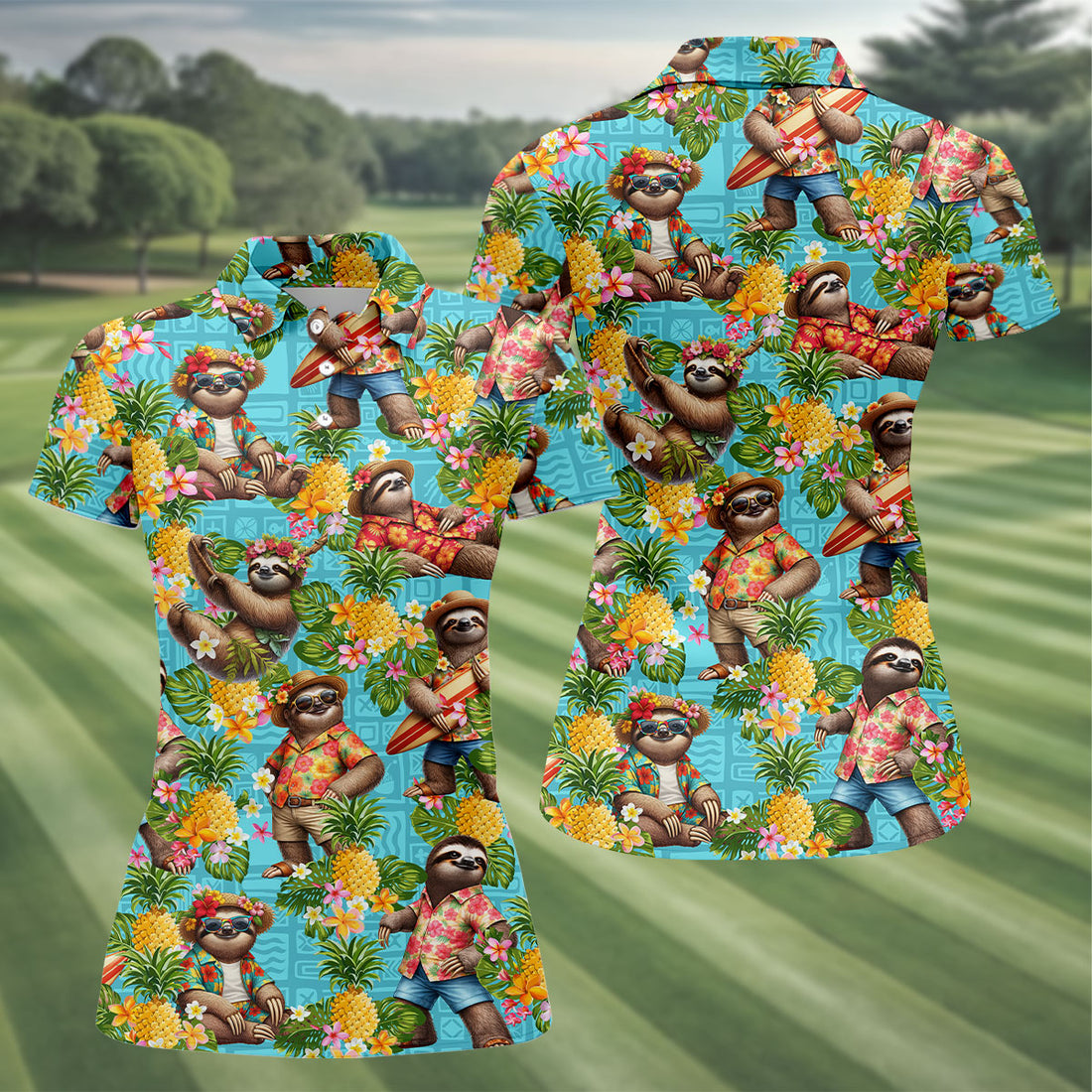 Vacation Sloths Among Tropical Blooms Hawaiian Golf Polo, Golf Tops For Women, Golfing Apparel