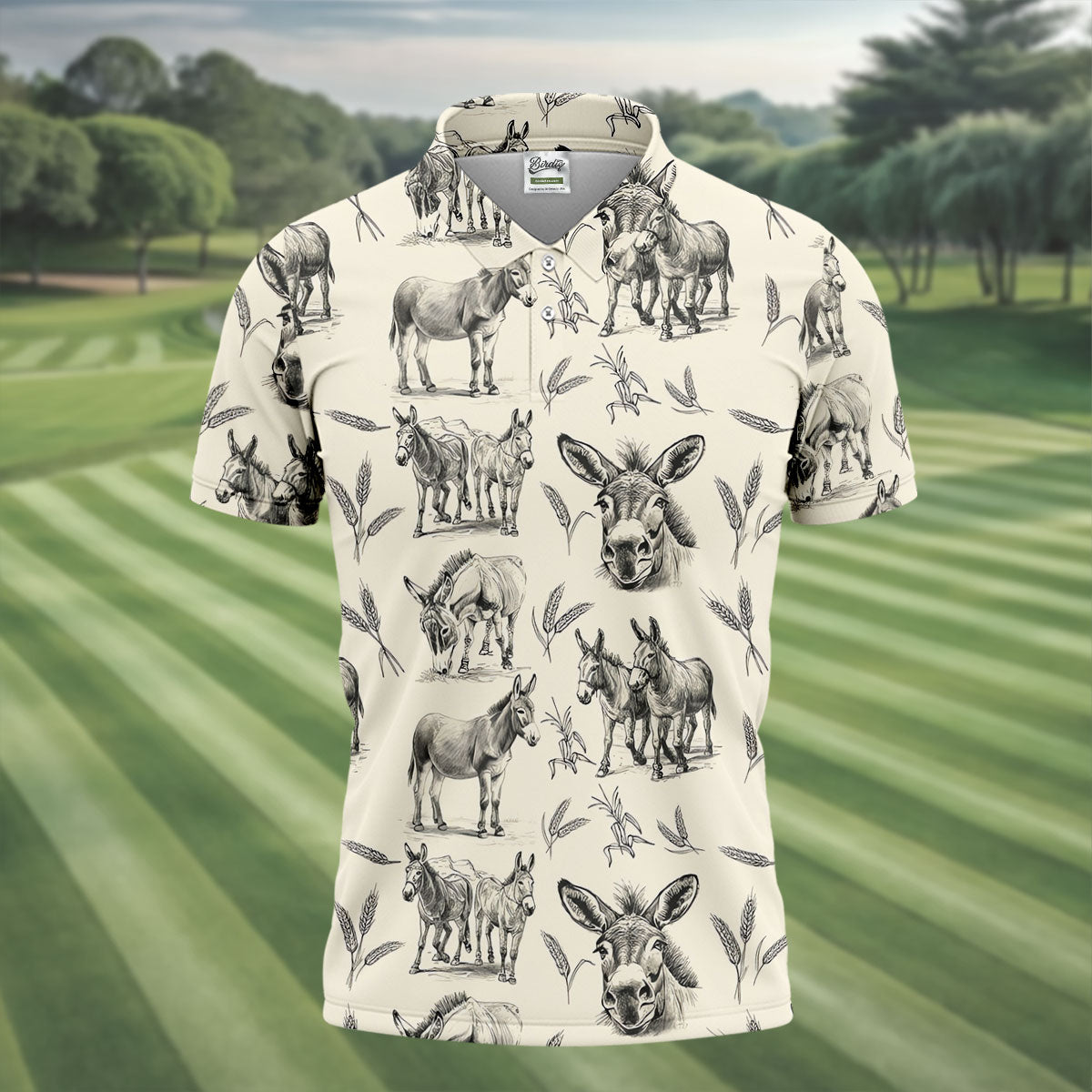 Vintage Donkey Sketch Pattern Hawaiian Golf Polo Shirt, Hawaiian Golf Shirt, Golf Shirts For Men
