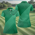 Green And White Striped Pattern Women's Golf Tops, Performance Golf Shirt, Ladies Golf Shirts