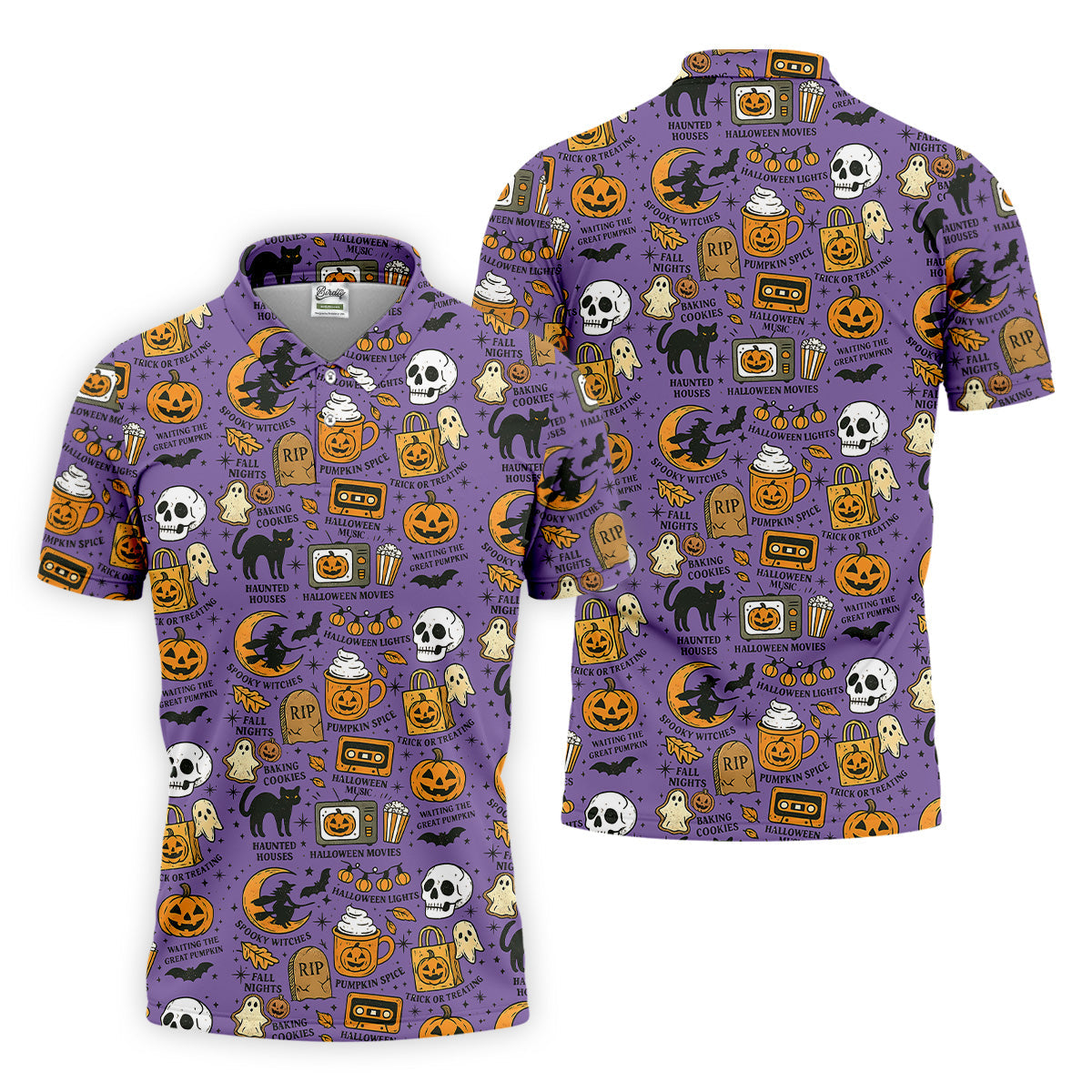Purple Halloween Skull Golf Shirt, Spooky Cat, Mens Golf Polo Shirts, Halloween Theme Shirts, Golfing Apparel