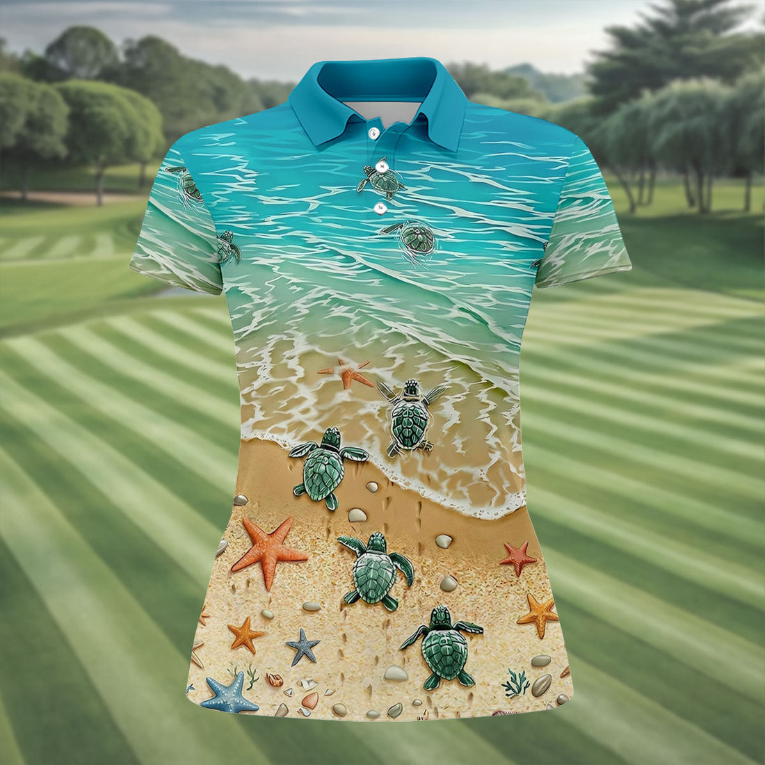 Sea Turtle Print Hawaiian Golf Shirt, Beach Theme Women's Golf Tops, Ladies Golf Shirts