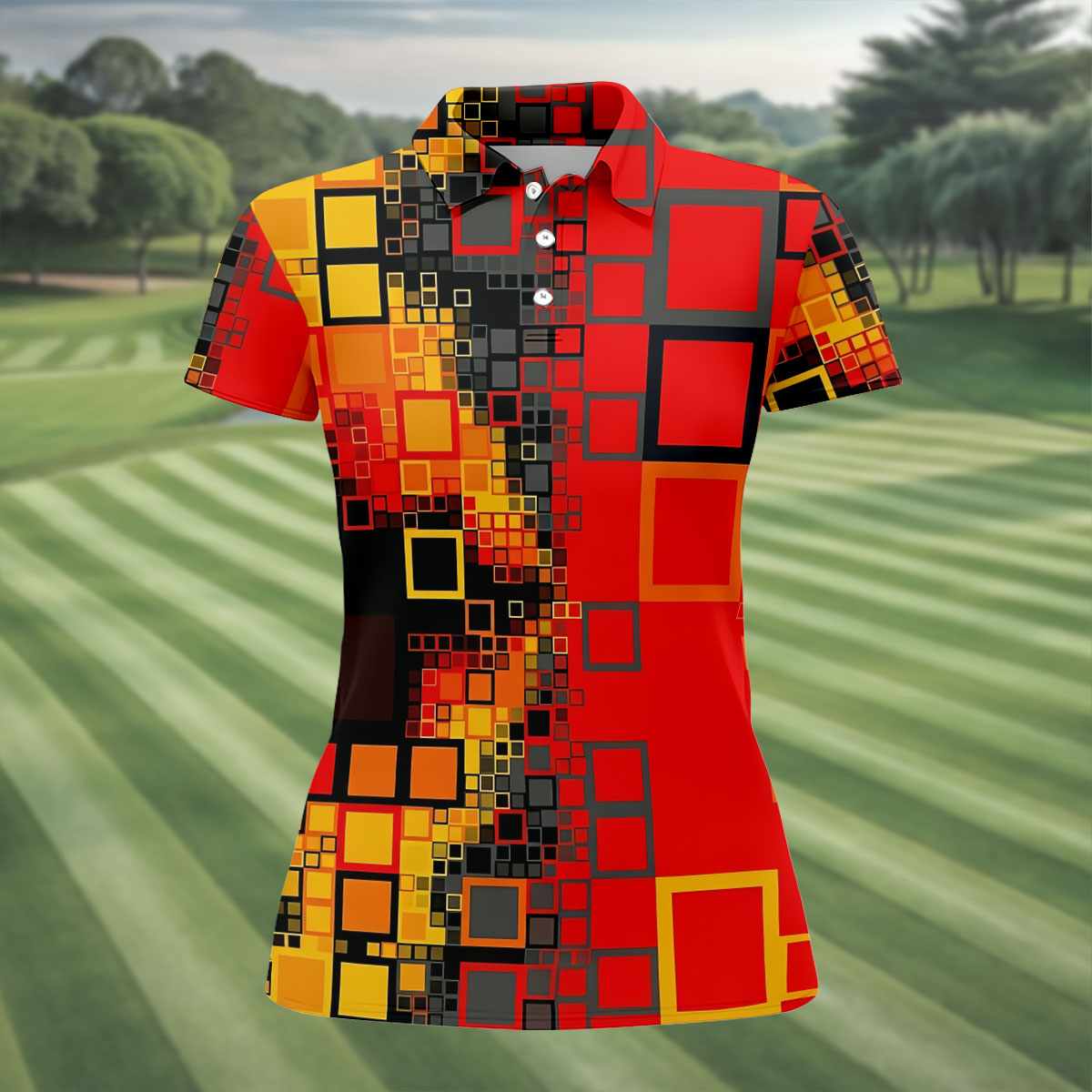 Geometric Abstract Art Hawaiian Golf Shirt, Retro Golf Shirt, Women's Golf Tops, Ladies Golf Shirts