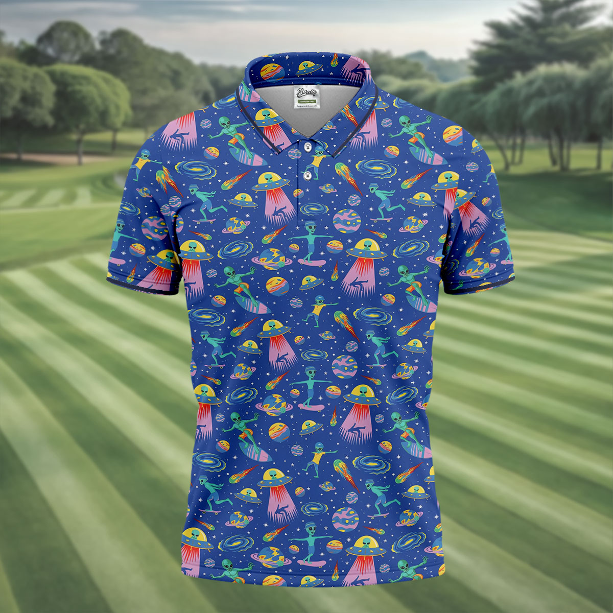 Surfing Alien Space Galaxy Hawaiian Golf Shirt, Hawaiian Golf Shirt, Golf Shirts For Men