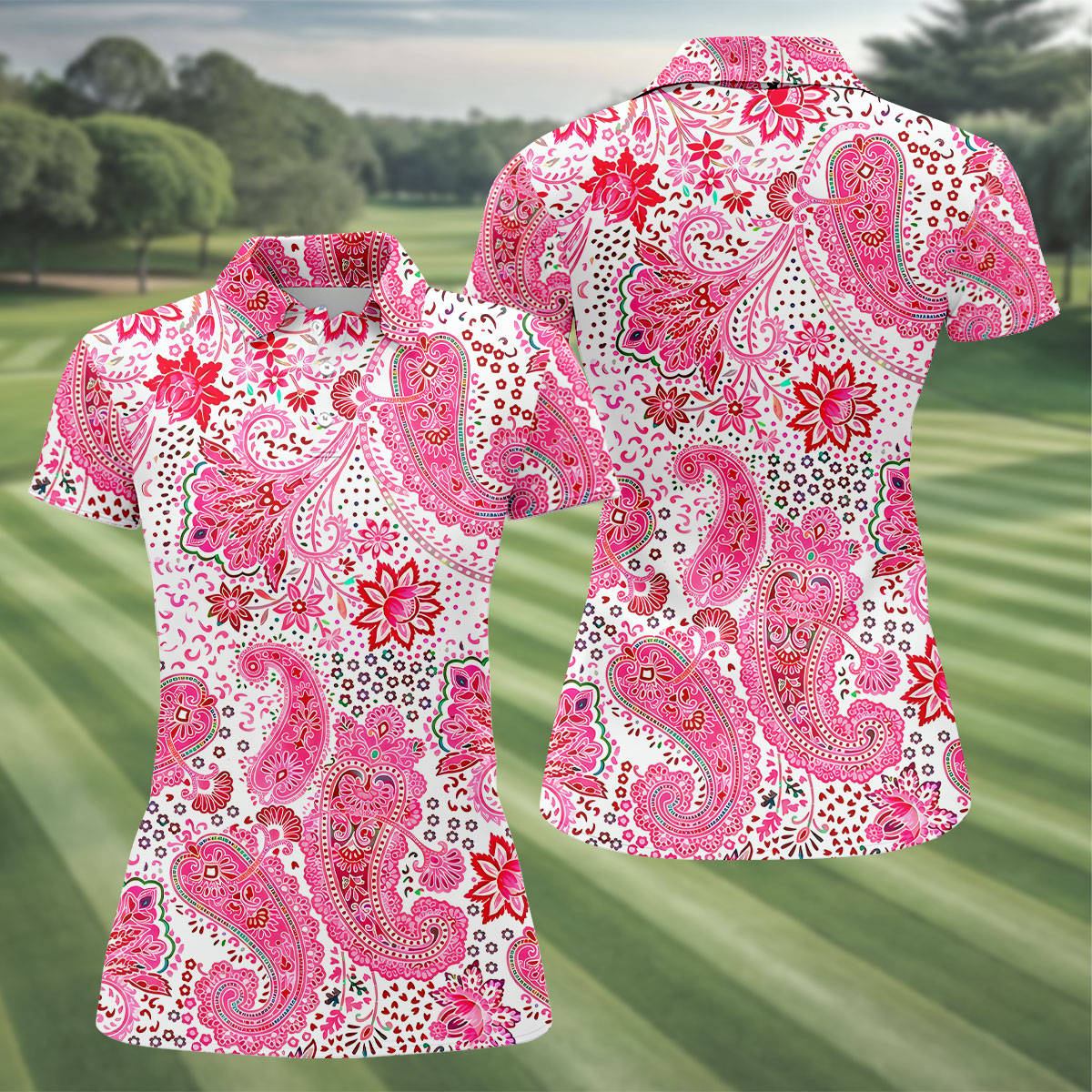 Pink Paisley Floral Pattern Golf Shirt, Golf Tops For Women, Hawaiian Golf Shirt, Women’s Golf Apparel