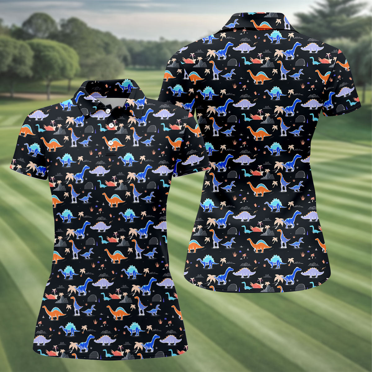 Colorful Dinosaur Hawaiian Golf Shirt, Cute Golf Outfit, Women's Golf Tops, Ladies Golf Shirts