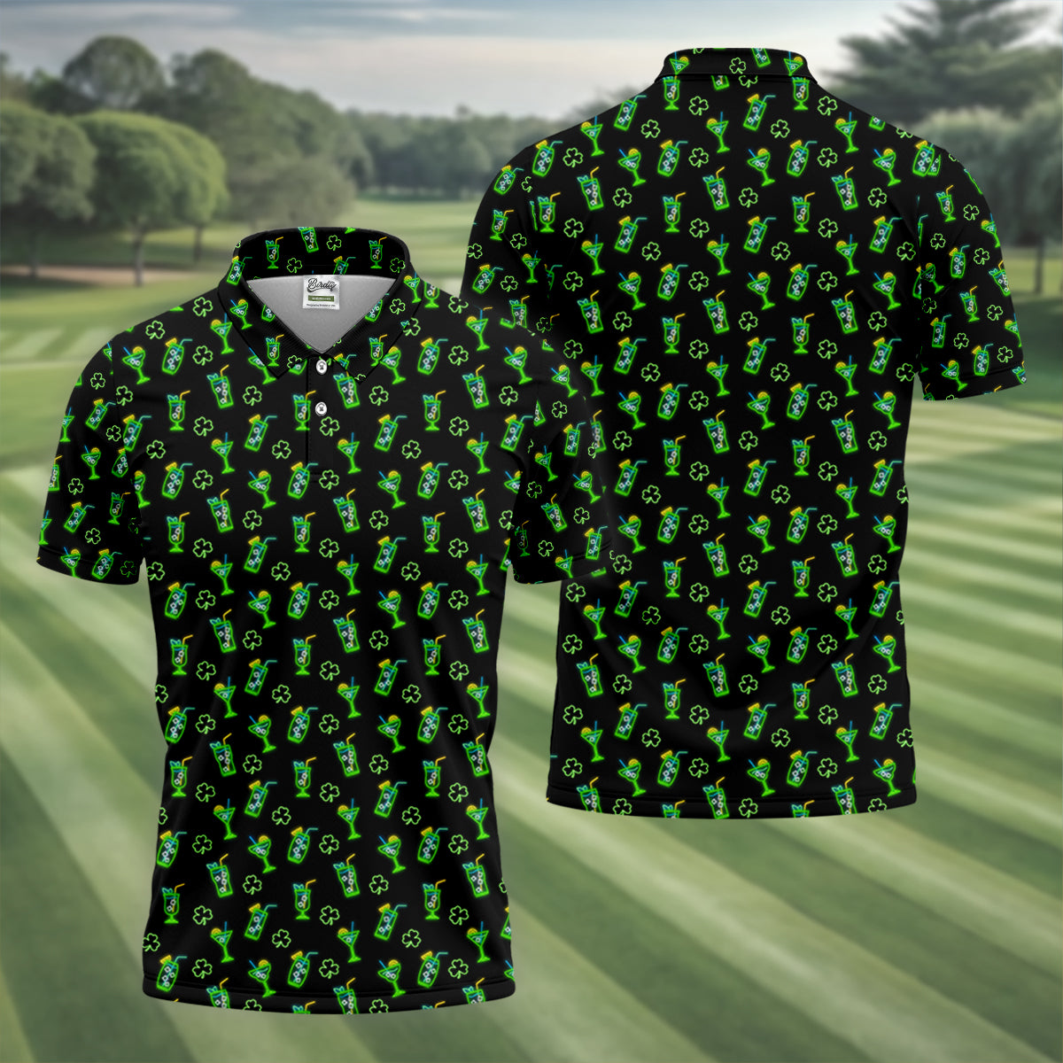 Neon Green Cocktails Three Leaf Clover St Patrick's Day Golf Shirt, Golf Gift For Men, Golf Shirts For Men