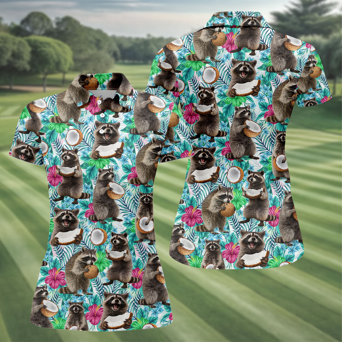Funny Raccoons Enjoying Coconuts Design Hawaiian Golf Polo, Golf Tops For Women, Golfing Apparel