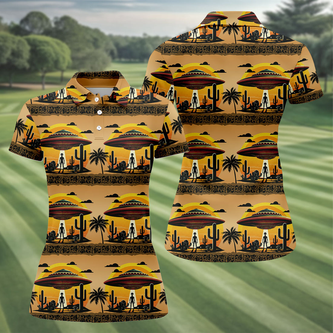UFOs, Aliens and Cactus Desert Scene Hawaiian Golf Polo, Golf Tops For Women, Golfing Apparel