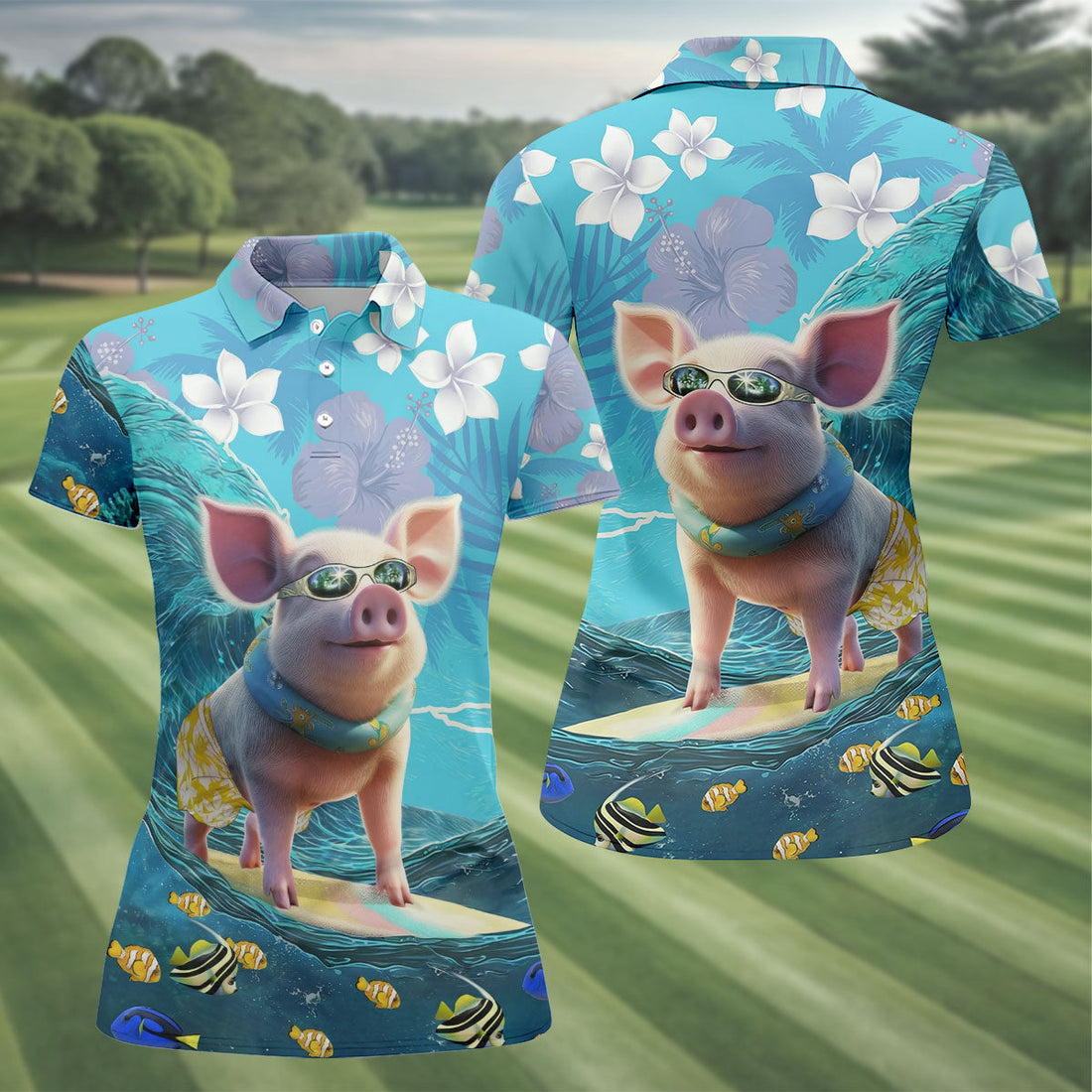 Funny Pig Riding Ocean Waves with Tropical Flowers Hawaiian Golf Polo, Golf Tops For Women, Golfing Apparel