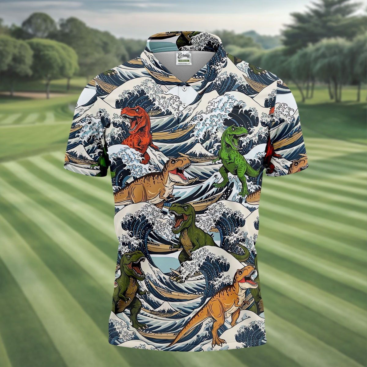T Rex Surfing Great Wave Golf Polo Shirt, Men's Golf Shirt, Printed Golf Shirts