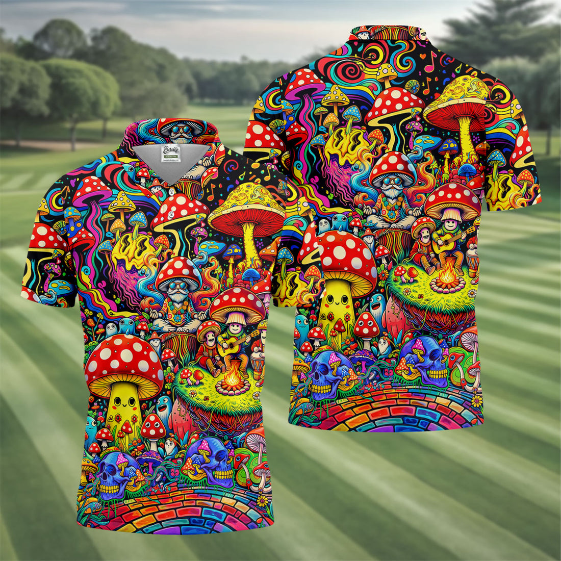 Colorful Psychedelic Mushroom Forest Hawaiian Golf Polo, Golf Tops For Men, Golfing Apparel