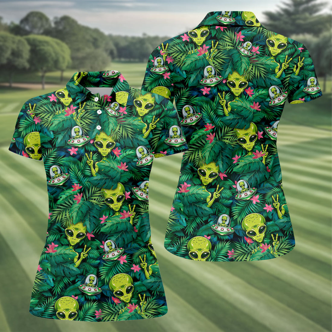 UFO and Alien Tropical Forest Hawaiian Golf Polo, Golf Tops For Women, Golfing Apparel