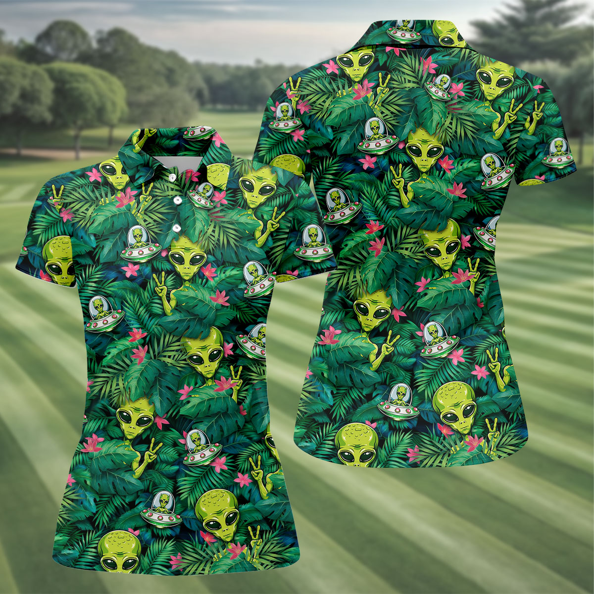 UFO and Alien Tropical Forest Hawaiian Golf Polo, Golf Tops For Women, Golfing Apparel