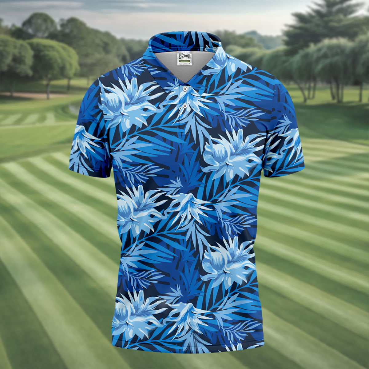 Blue Tropical Hibiscus Floral Golf Shirt, Mens Polo Shirts, Golf Apparel For Men