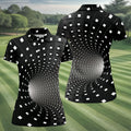 3D Vortex Golf Shirt, Black White Optical Illusion Tunnel Pattern, Golf Shirt For Women