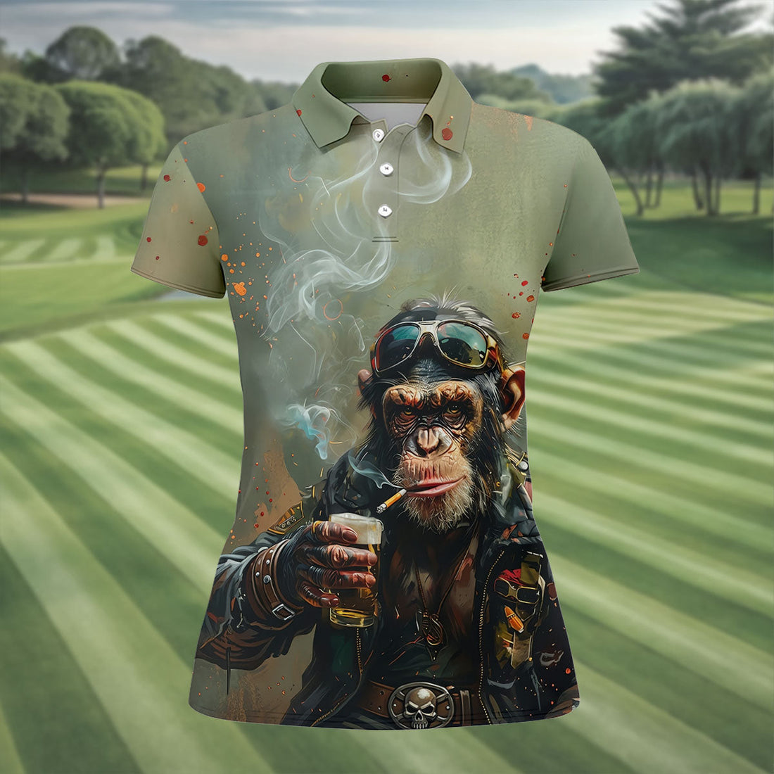 Monkey Outlaw Whiskey Ride Hawaiian Golf Shirt, Women's Golf Tops, Ladies Golf Shirts