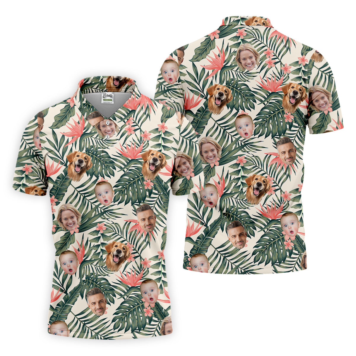 Tropical Floral Pattern Custom Hawaiian Shirts With Face, Men Polo Shirt, Long Sleeve Golf Shirts