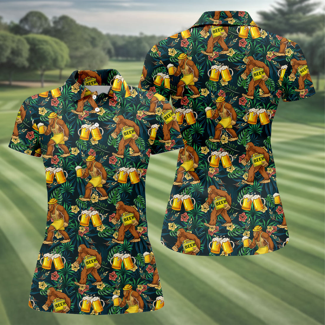 Funny Sasquatch Holding Beer Mugs Hawaiian Golf Polo, Golf Tops For Women, Golfing Apparel