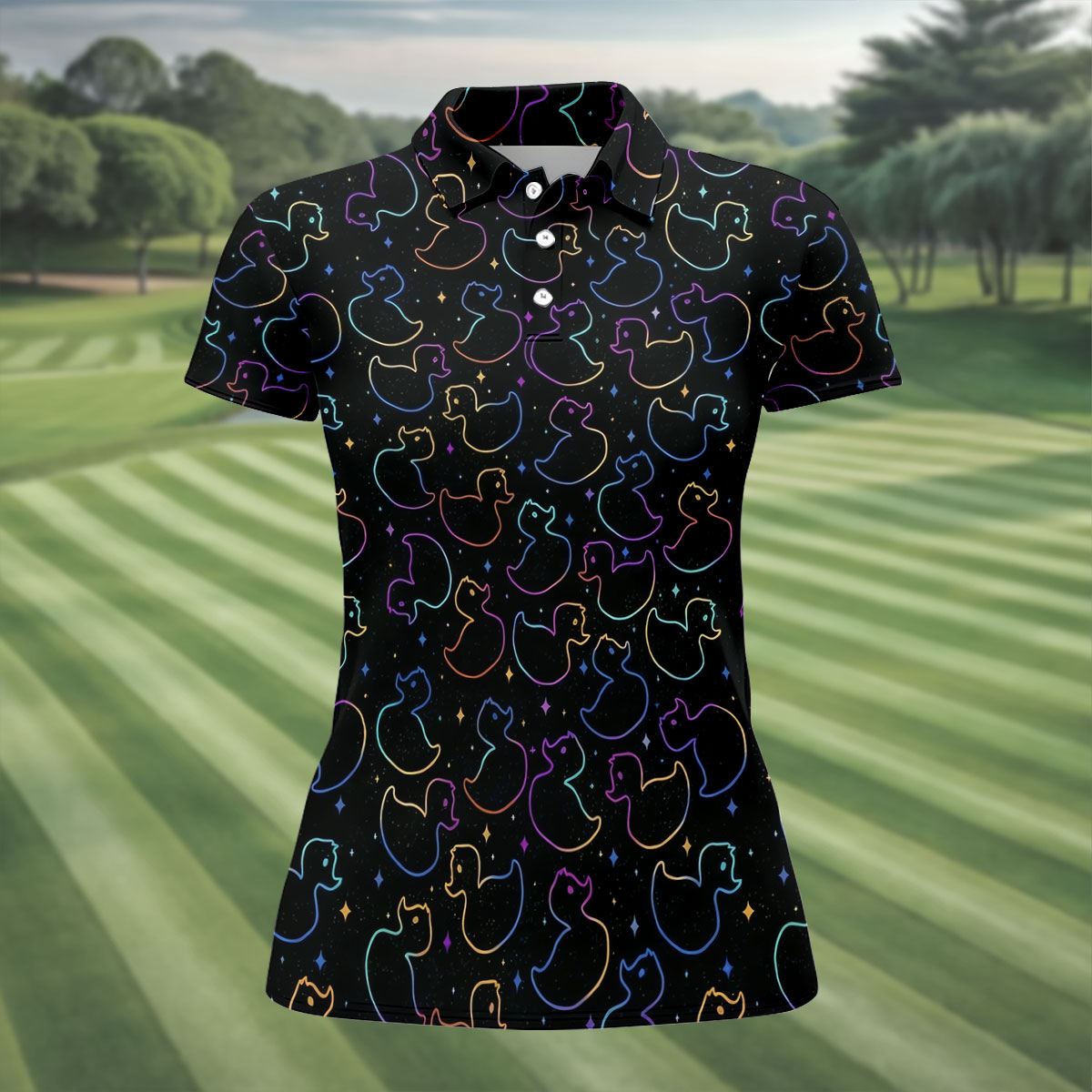 Neon Rubber Duck Pattern Golf Shirt, Ladies Golf Tops, Hawaiian Golf Shirt, Golf Tops For Women
