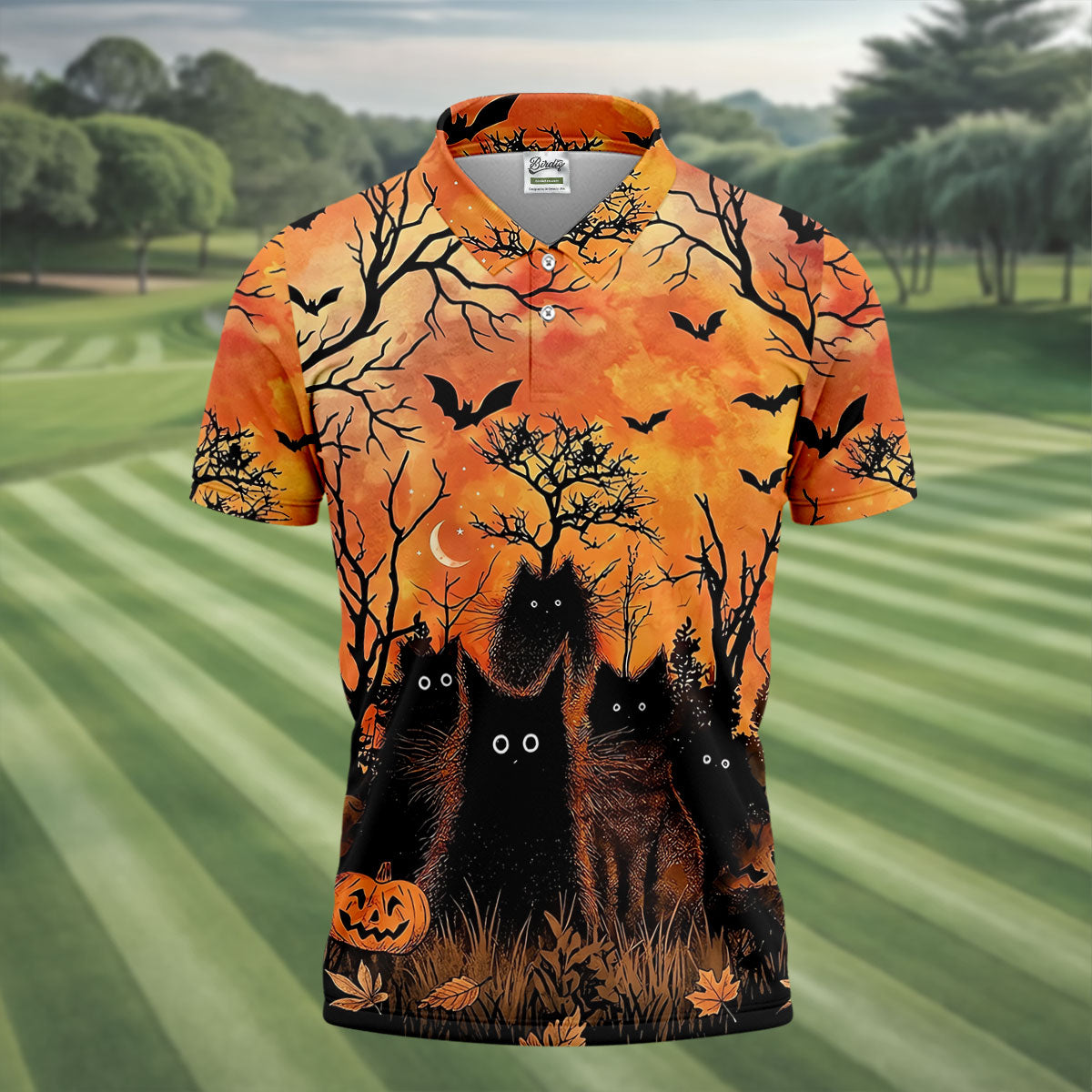 Spooky Black Cat Halloween Golf Polo Shirt, Men's Golf Shirts, Hawaiian Golf Shirt