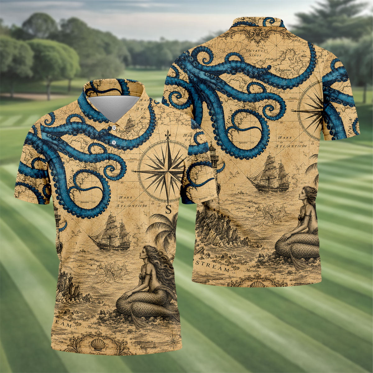 Mermaid Princess Vintage Nautical Hawaiian Golf Shirt, Men's Golf Shirt, Polo Shirts For Men