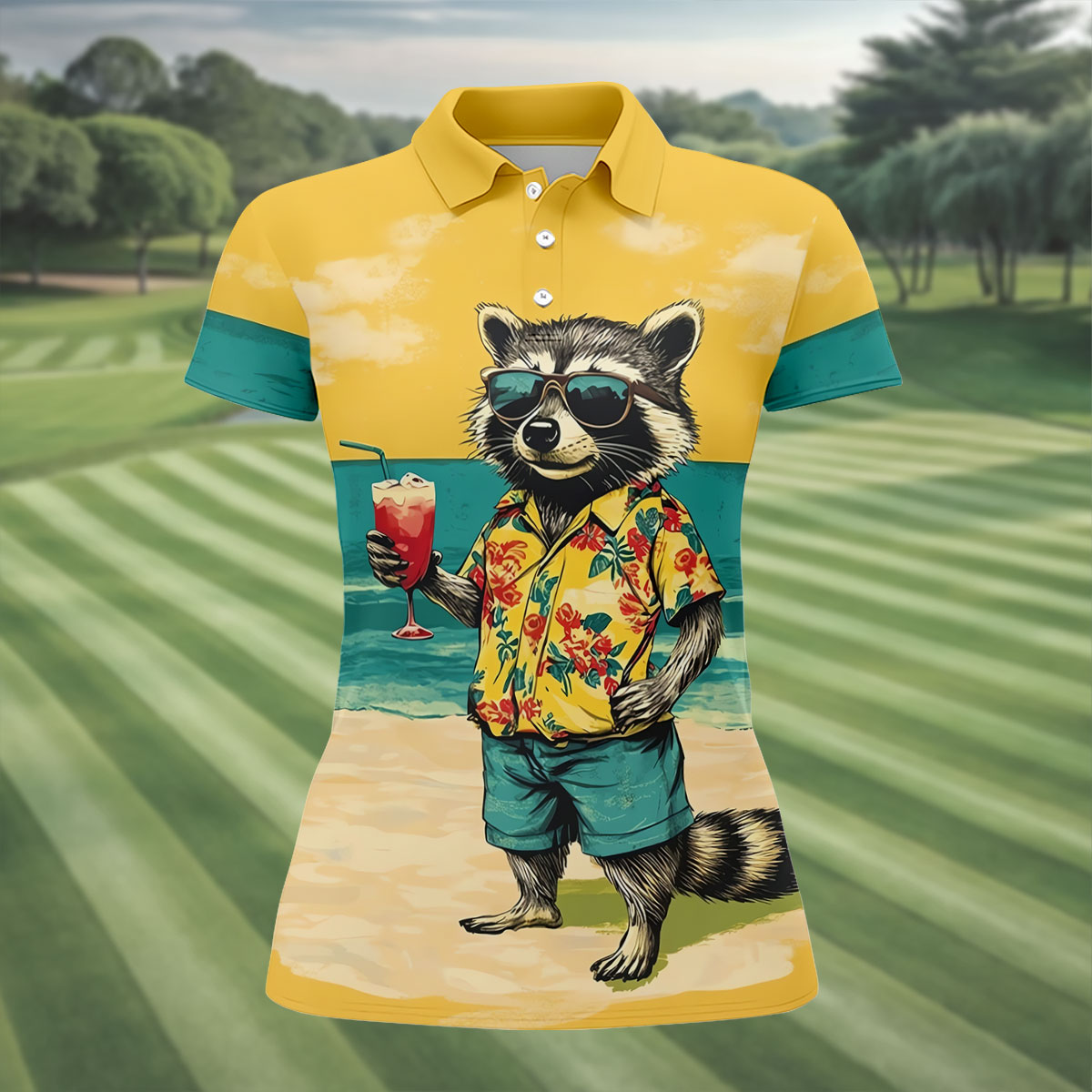 Cool Raccoon Tropical Yellow Hawaiian Golf Polo, Golf Tops For Women, Golfing Apparel
