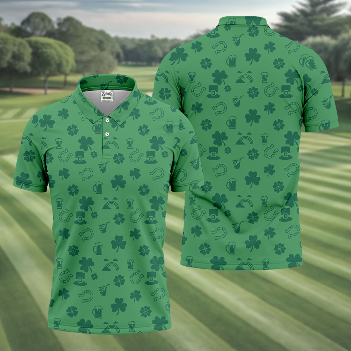 Leprechaun Hat Shamrock Beer Dark Green Seamless Pattern St. Patrick’s Day Golf Shirt, Golf Shirts For Men