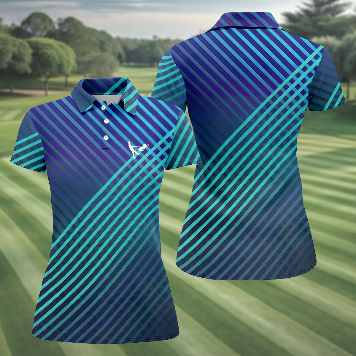 Teal And Purple Striped Pattern Women's Golf Tops, Performance Golf Shirt, Ladies Golf Shirts