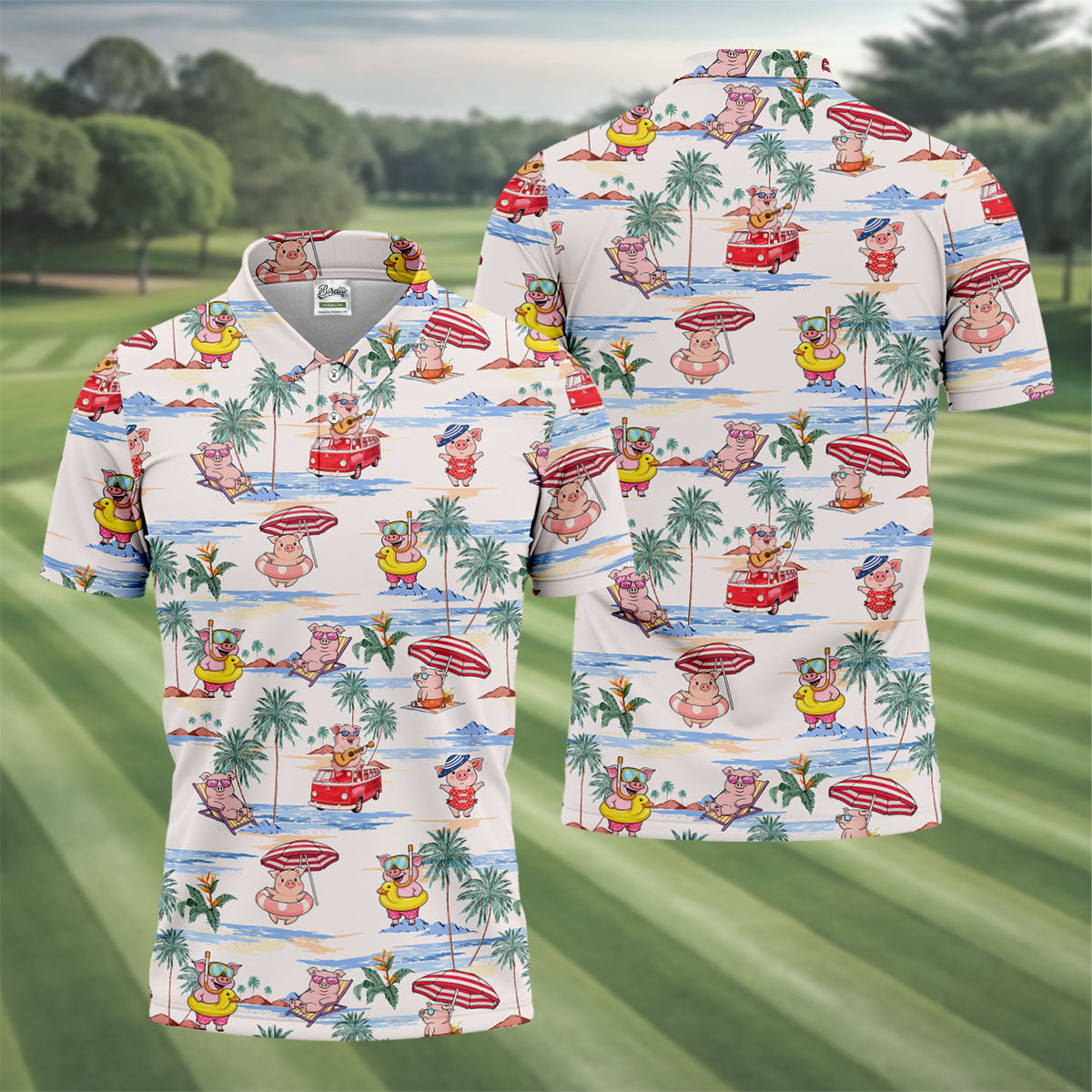 Cute Pig Beach Adventure Hawaiian Golf Polo, Golf Tops For Men, Golfing Apparel