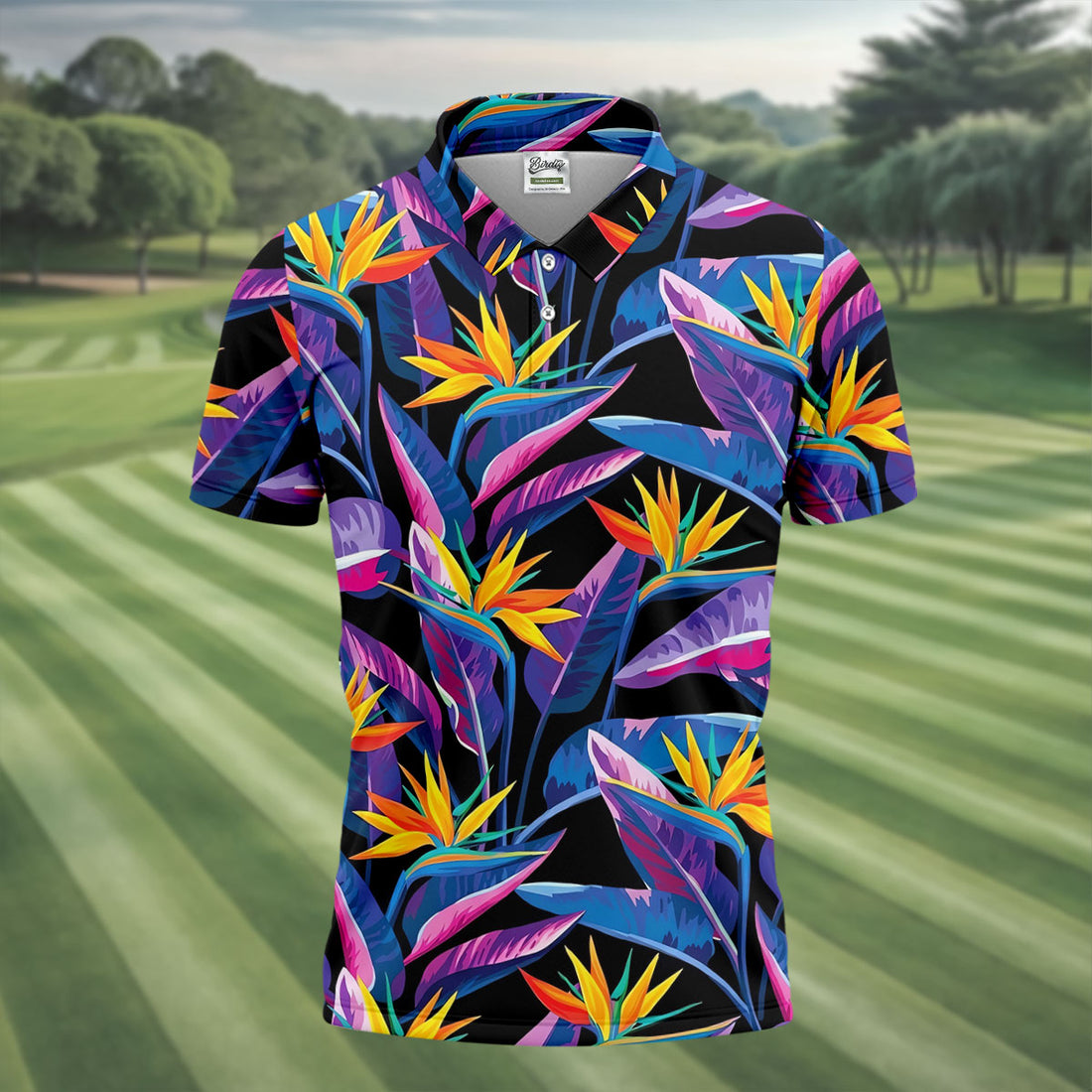 Vibrant Tropical Flowers and Exotic Jungle Leaves Hawaiian Golf Polo, Golf Tops For Men, Golfing Apparel