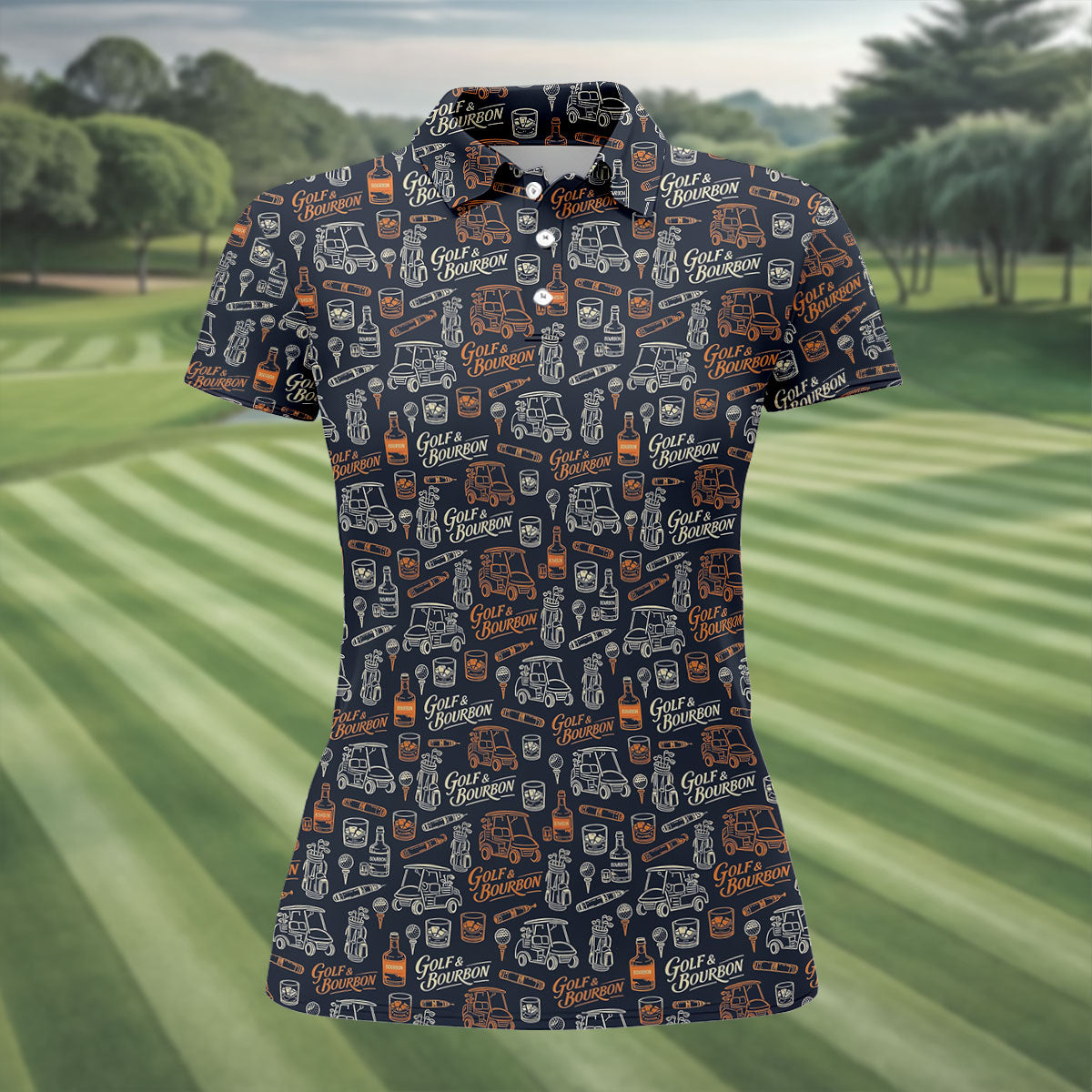 Funny Golf Bourbon Cigar Pattern Polo Shirt, Women’s Golf Polo, Golf Shirts For Women