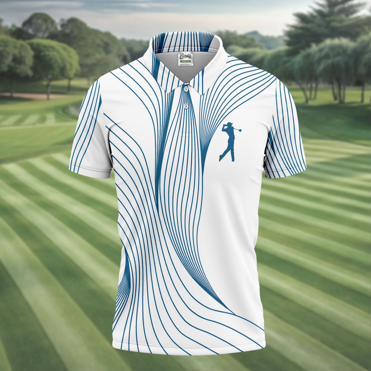 Geometric Line Wavy Line Blue And White Golf Shirts For Men, Men's Golf Shirt, Polo Shirts For Men