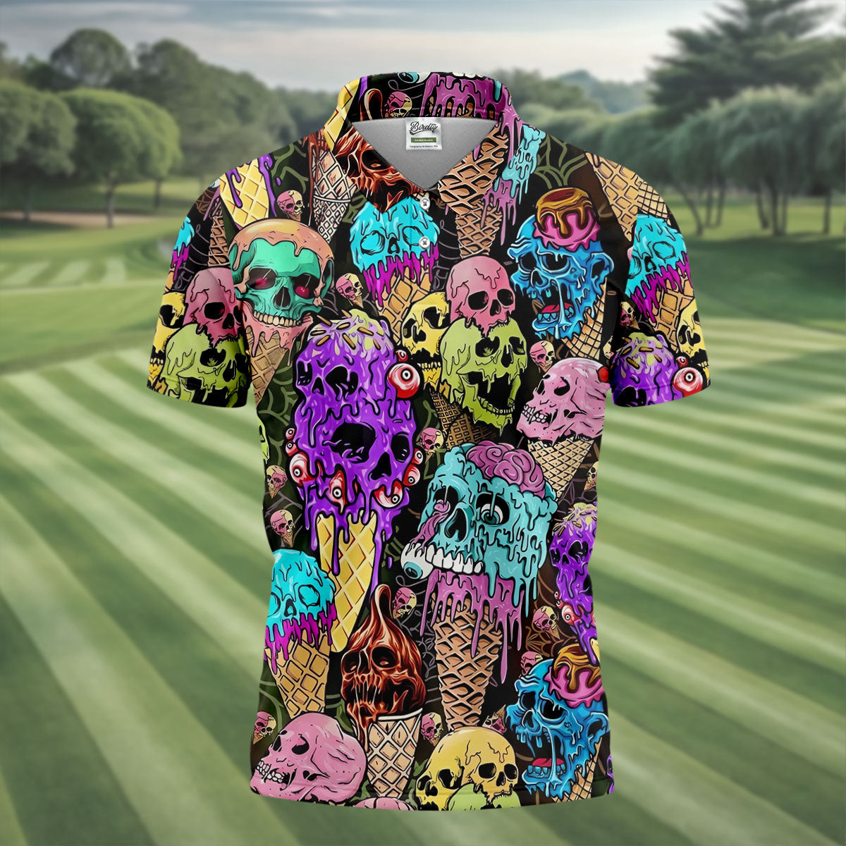 Melting Skull Ice Cream Halloween Golf Shirt, Golf Apparel For Men, Mens Golf Shirts