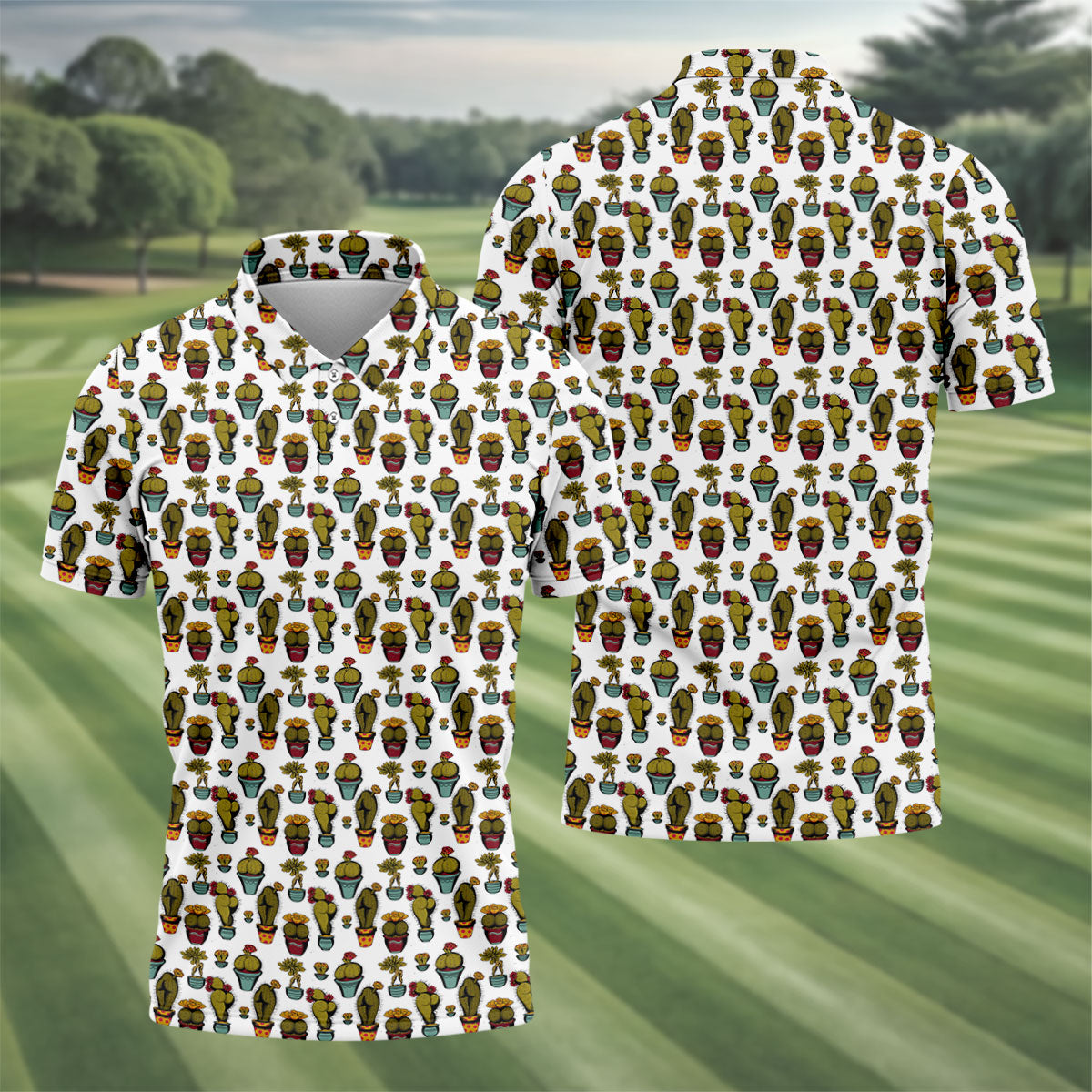 Funny Potted Cactus Pattern Men's Golf Polo Shirt, Adult Humor Golf Apparel For Men, Printed Golf Shirts