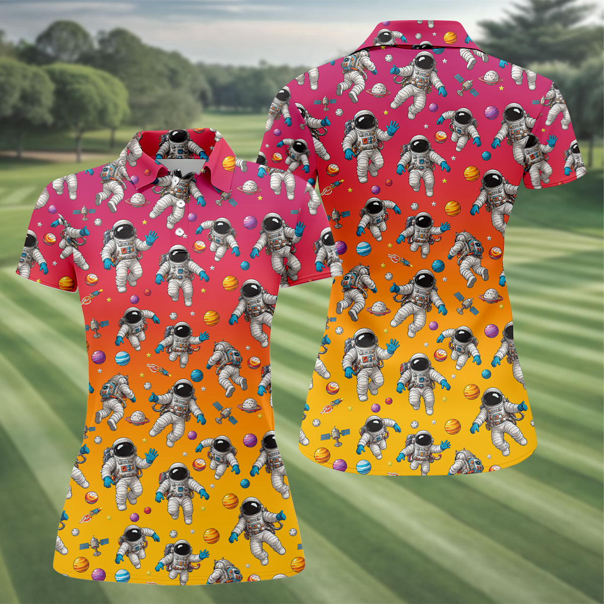 Space Astronaut Hawaiian Golf Shirt, Women's Golf Tops, Ladies Golf Shirts