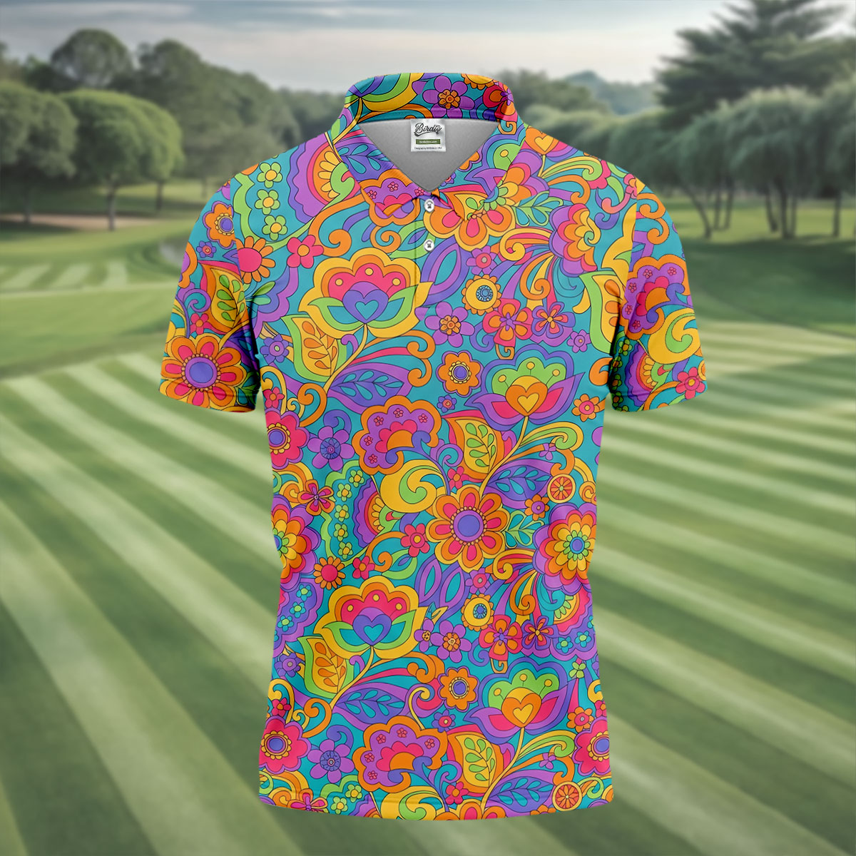 Vintage Psychedelic Floral Pattern Hawaiian Golf Shirt, Mens Golf Shirts, Golf Polo Shirts For Men