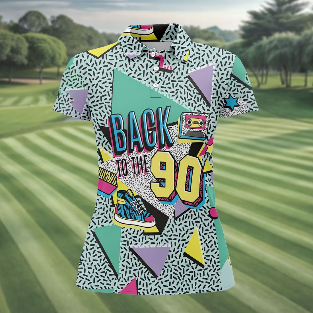 Back To The 90s Memphis Style Hawaiian Golf Shirt, Women's Golf Tops, Ladies Golf Shirts