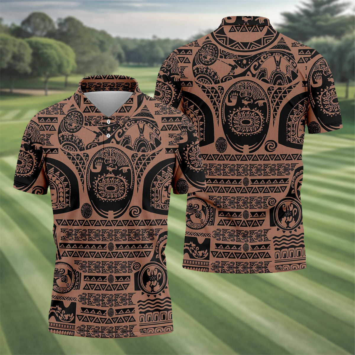 Maori Tattoo Pattern with Traditional Tiki Mask Hawaiian Golf Polo, Golf Tops For Men, Golfing Apparel