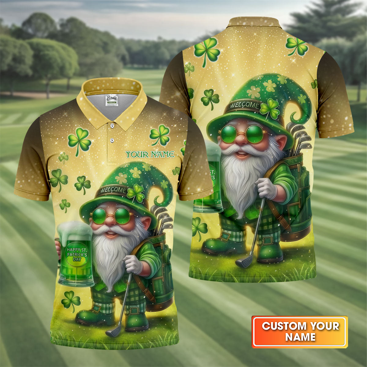 Happy St Patrick's Day Shamrock Gnome Golf And Beer Polo Shirts For Men, Golf Shirts For Men