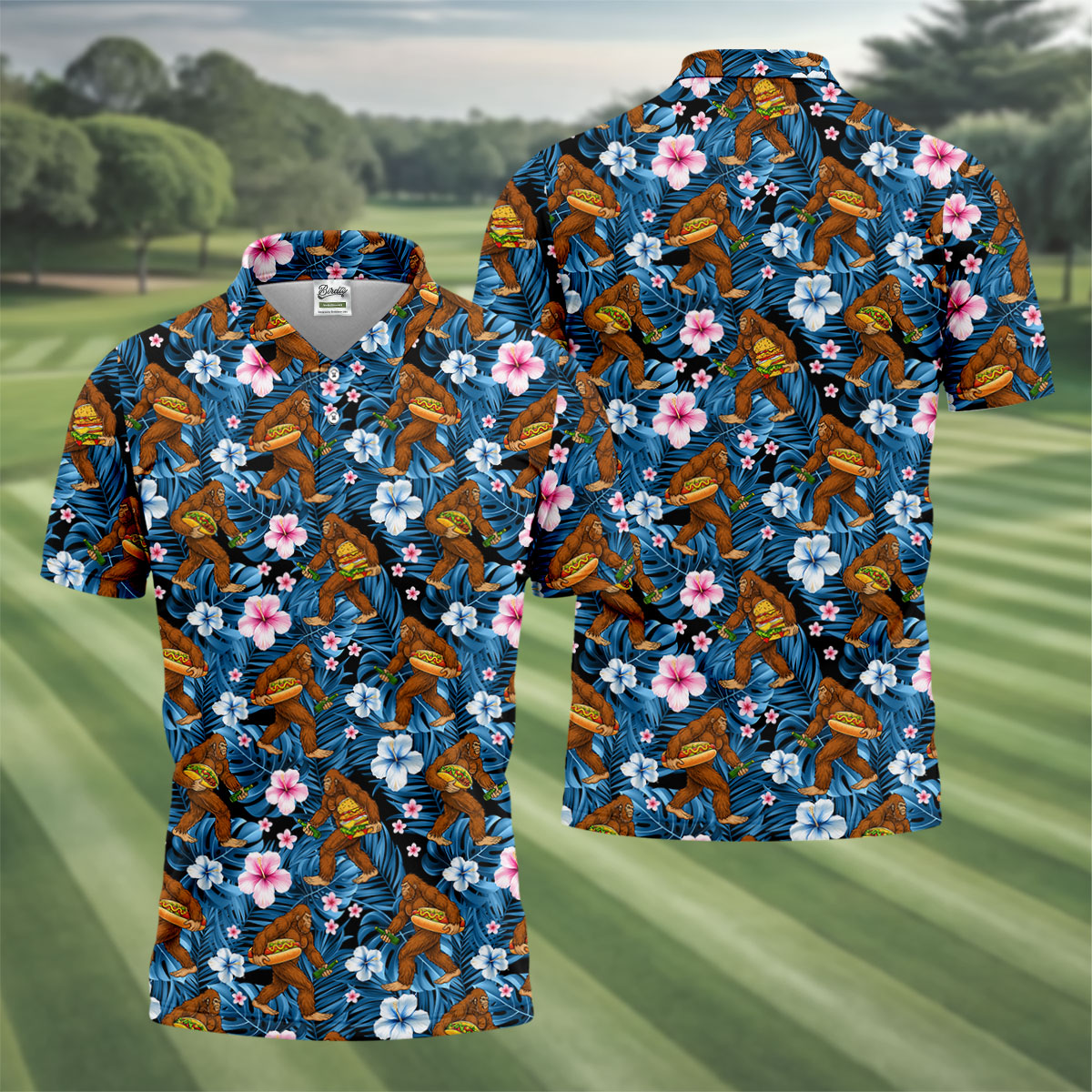 Tropical Bigfoot Burger Party Pattern Hawaiian Golf Polo, Golf Tops For Men, Golfing Apparel