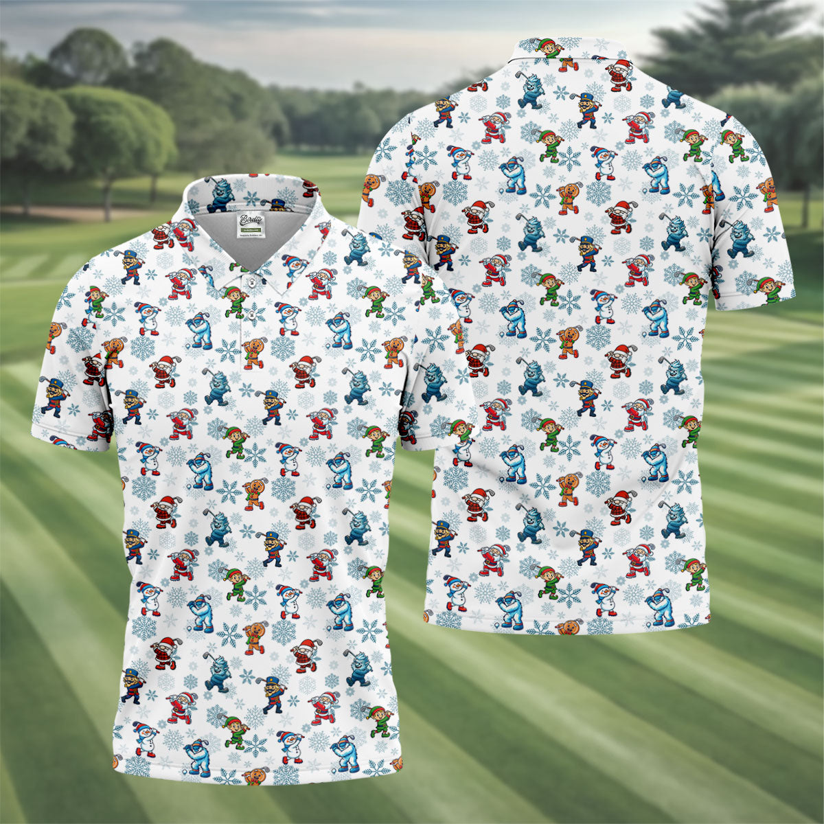 Christmas Characters Golf Pose Men's Funny Golf Shirts, Christmas Golf Shirt, Polo Shirts For Men