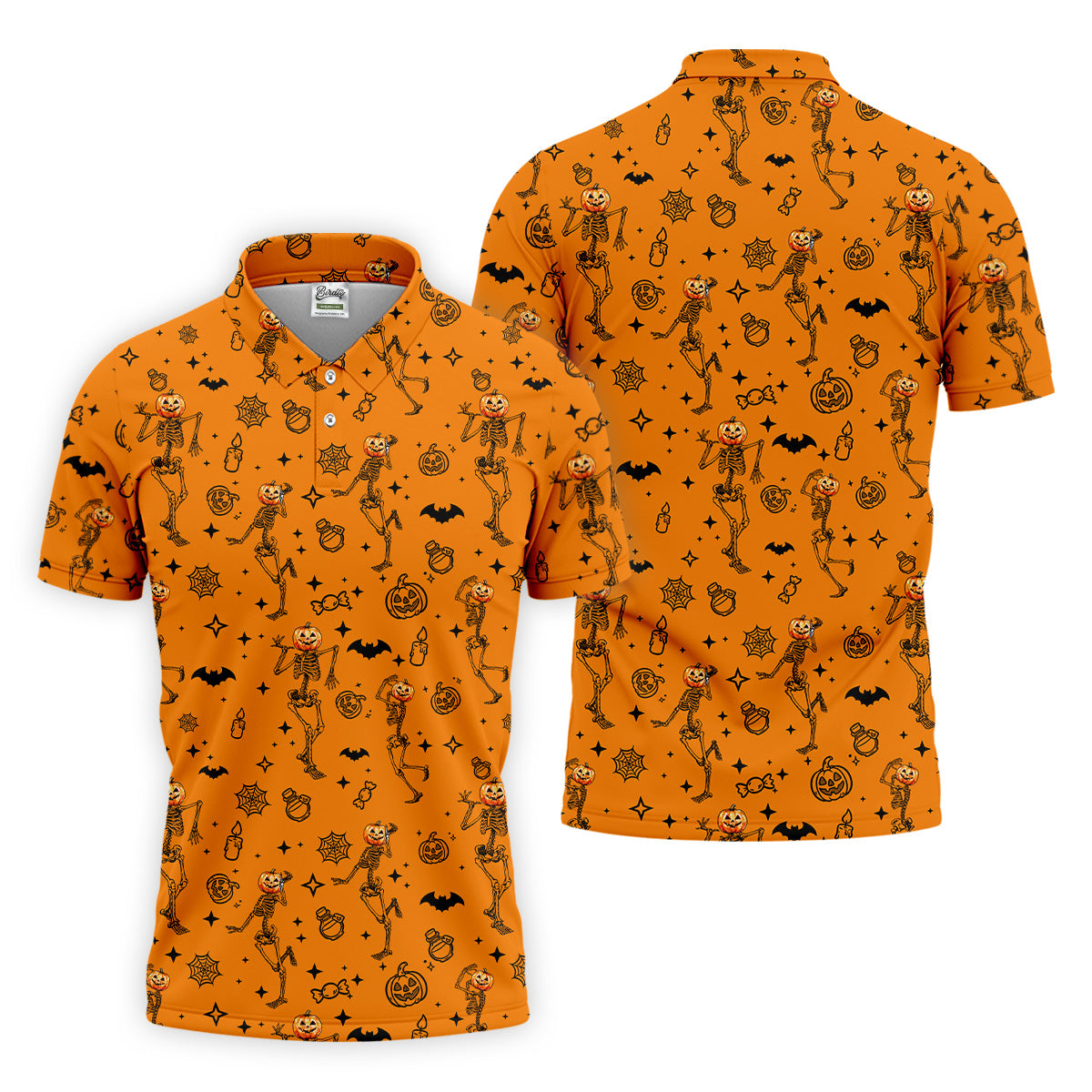 Skeleton Orange Golf Shirt, Halloween Golf Shirt, Fun Golf Polos, Men's Long Seeve Golf Shirts, Golf Gifts For Men